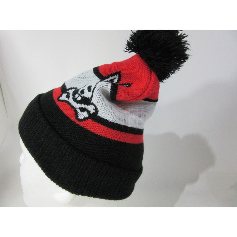Psycho Bunny Beanie Hat Mens OS Red White Black Pom Pom Striped Logo - Picture 5 of 6